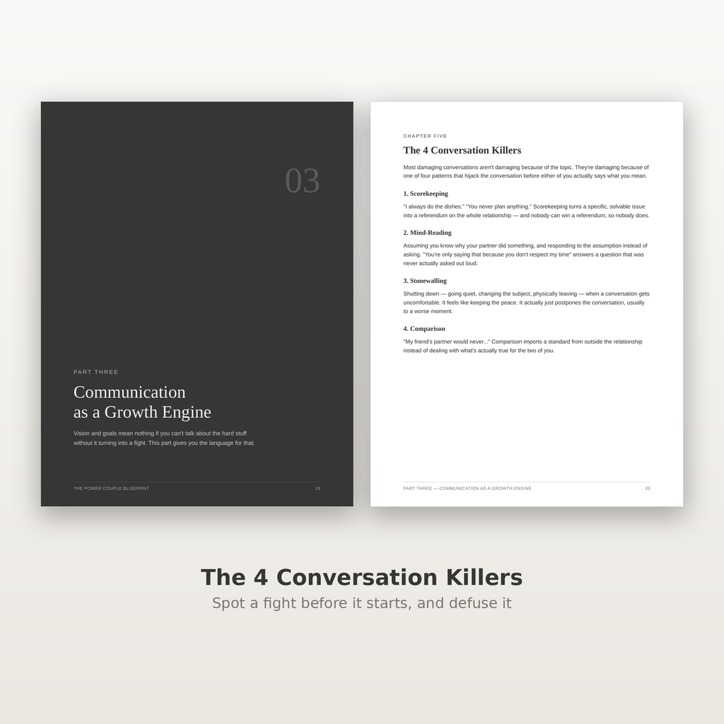Inside spread showing the 4 Conversation Killers framework for defusing arguments