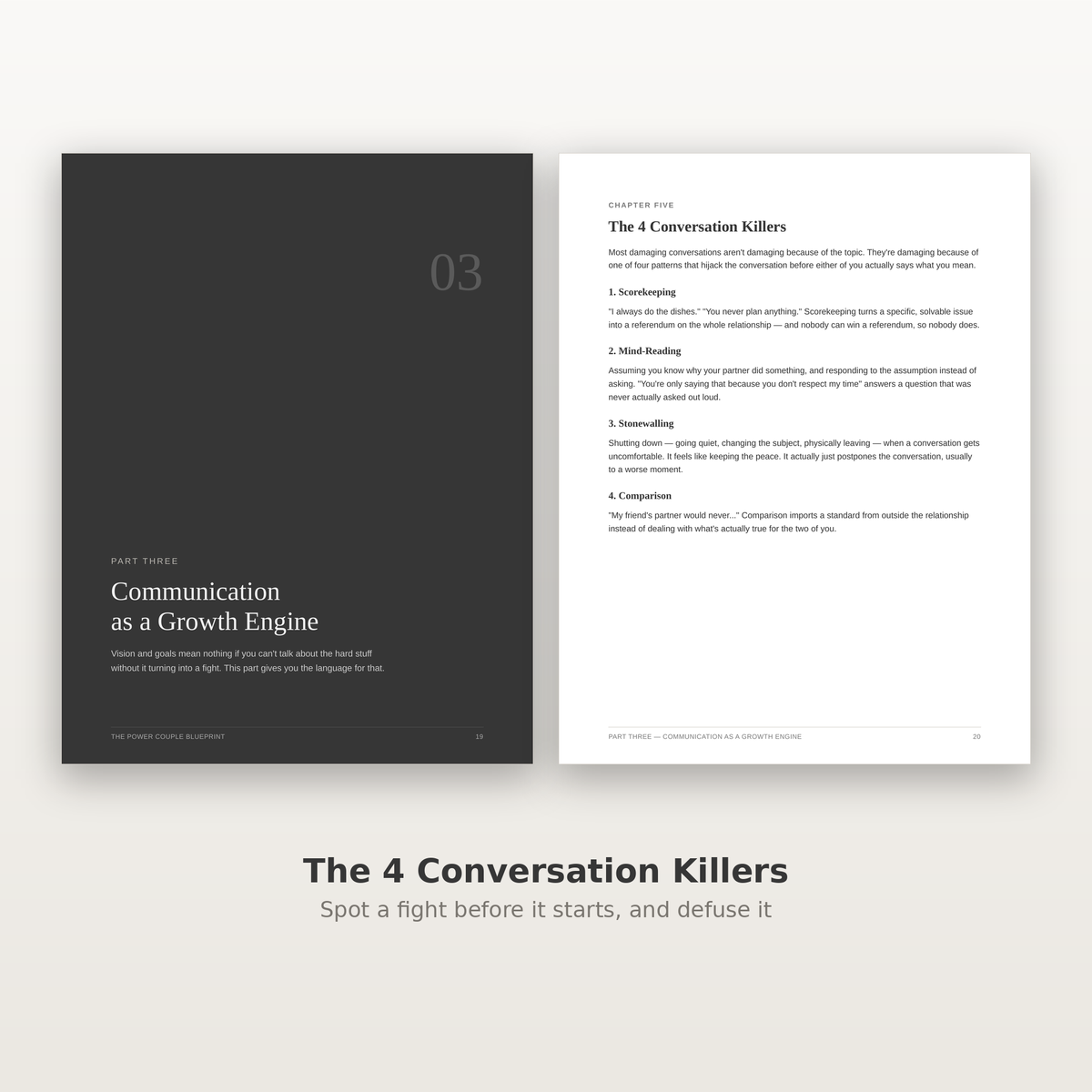 Inside spread showing the 4 Conversation Killers framework for defusing arguments